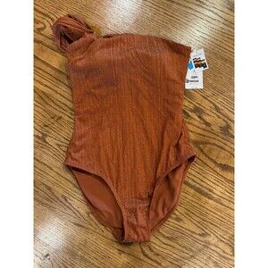 Time and Tru Women's Brown Sparkly One Shoulder Cheeky High Leg 1 Piece Swimsuit